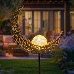 Moon Solar Garden Lights Stakes, Waterproof Crackle Glass Metal Decor Lights